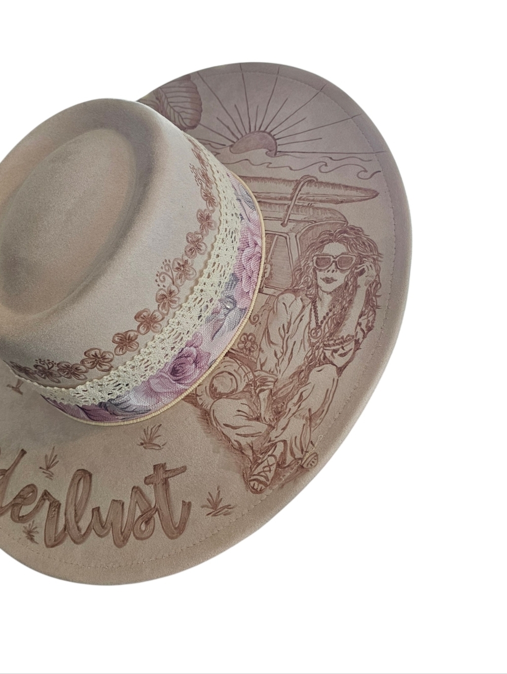 Hand Burned Hippy Style Wide Brim Fedora Hat - New - Picture 4 of 5